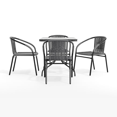 Flash Furniture 5-Piece 28" Square Indoor/Outdoor Patio Table and Chairs Set, Glass Metal Bistro Table and 4 Stacking Rattan Chairs, Gray