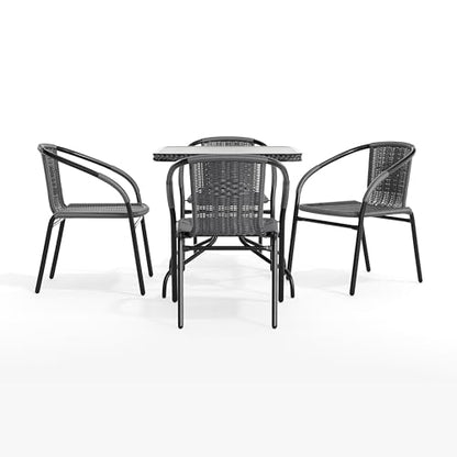 Flash Furniture 5-Piece 28" Square Indoor/Outdoor Patio Table and Chairs Set, Glass Metal Bistro Table and 4 Stacking Rattan Chairs, Gray