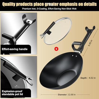 KALAWW Carbon Steel Wok Pan, Non-stick sauté pan Nitriding Process,13 Inch Woks & Stir-fry Pans Nonstick with Ergonomic Handle, Cookware, Pots and Pans,Versatile Bottom Chinese Woks for All Stoves