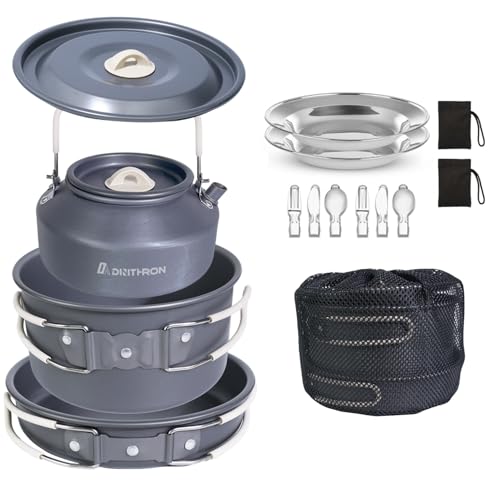 DINITHRON 13-Piece Camping Cookware Set with Anti-Scald Silicone Handles, Lightweight Non-Stick Aluminum Pots and Pans, Compact Mess Kit for Backpacking & Survival