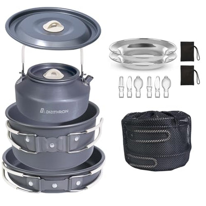 DINITHRON 13-Piece Camping Cookware Set with Anti-Scald Silicone Handles, Lightweight Non-Stick Aluminum Pots and Pans, Compact Mess Kit for Backpacking & Survival