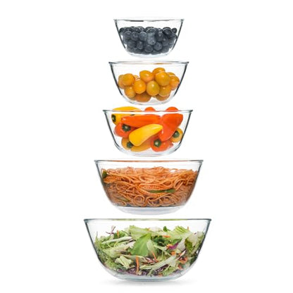 5pc Glass Mixing Bowls Sets (4.65QT, 2.80QT, 1.64QT, 1.16QT, 0.85QT), Glass Nesting Kitchen Thick Bowl for Baking, Cooking Prep, Storage, Large Salad Bowls Sets-Dishwasher Microwave Freezer Safe