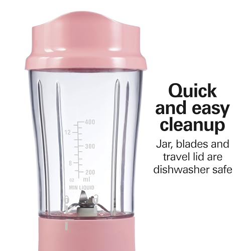 Hamilton Beach Portable Blender for Shakes and Smoothies, 14 Oz BPA Free Travel Cup & Lid, Durable Stainless Steel Blades, Personal Smoothie Blender, Coral (51171)
