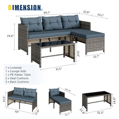 Vongrasig 3 Pieces Patio Furniture Sets, All-Weather Wicker Outdoor Sofa Couch Sectional Set, Small Conversation Set for Patio, Garden w/Cushion, Glass Table, (Blue)