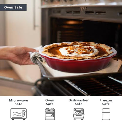 Lareina Deep Dish Pie Pan for Baking, 9 Inch Ceramic Fluted Pie Dish for Apple, Quiche, Pecan, Pot Pies, 53 Ounce Round Pie Plate, Set of 2, Red