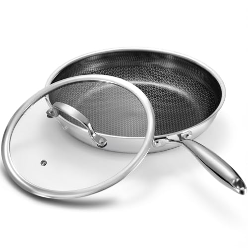 Non Stick 8 Inch Frying Pan with Lid, Hybrid Nonstick Stainless Steel Skillet Pan with Stay-cooling Handle, PFOA Free Non Toxic Dishwash & Oven Safe Kithchen Cookware Set Compatible All Cooktops