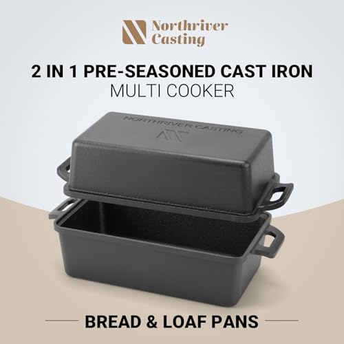 Northriver Casting 9×5 Inch Cast Iron Loaf Pan with Lid | Bread Baking Pan | Even Heat Distribution for Homemade Bread, Cake, and Meatloaf | 2 Piece Set
