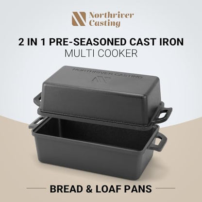 Northriver Casting 9×5 Inch Cast Iron Loaf Pan with Lid | Bread Baking Pan | Even Heat Distribution for Homemade Bread, Cake, and Meatloaf | 2 Piece Set