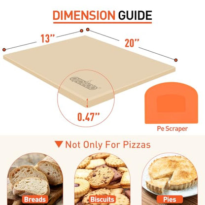 Arcedo Pizza Stone for Grill 20 x 13.5 Inch, Rectangular Large Baking Stone for Bread Thermal Shock Resistant BBQ Grilling Pizza Pan Cordierite Oven Cooking Pan With PE Scraper