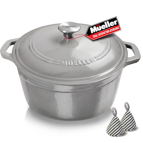 Mueller 6 Quart Enameled Cast Iron Pot Dutch Oven, Heavy-Duty Oven-Safe up to 500° F, & Across All Cooktops, Casserole Dishes for Ovens, Bread Pan with Lid and Knob, Cast Iron Cookware, Grey