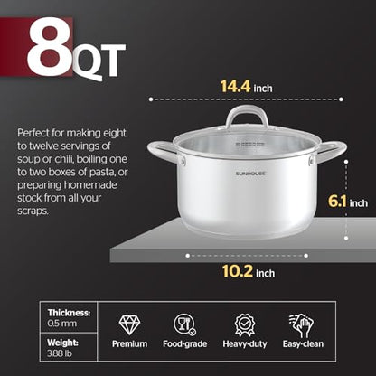 Sunhouse 8 Quart Stock Pot with Lid - 3-Ply Base Stainless Steel Cooking Pot - 8 QT Canning Dutch Oven Stock Pots - Oven Safe & Induction Cookware