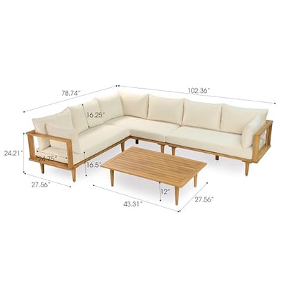 Merax 102" Outdoor Modular Sectional Sofa Set, 6 Seats L-Shaped Couch Wood Waterproof Fabric Patio Furniture Set with Coffee Table, Weather-Resistant Cushions for Backyard, Poolside, Natural+Beige