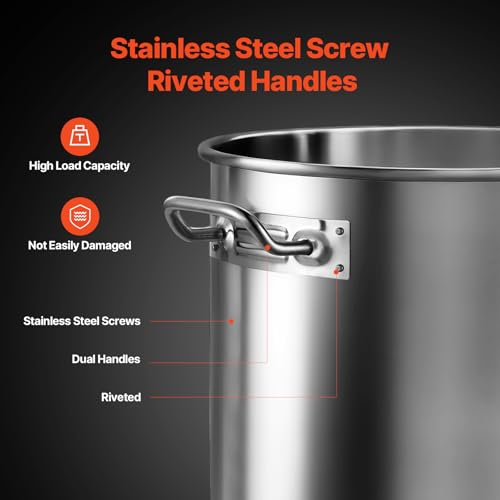 VEVOR Stainless Steel Stockpot, 24 Quart Cooking Pots, Cookware Sauce Pot with Lid, and Handle, Heavy Duty Commercial Grade Stock Pot, Sanding Treatment, for Steaming Boiling or Frying Silver