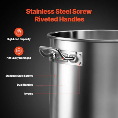 VEVOR Stainless Steel Stockpot, 24 Quart Cooking Pots, Cookware Sauce Pot with Lid, and Handle, Heavy Duty Commercial Grade Stock Pot, Sanding Treatment, for Steaming Boiling or Frying Silver