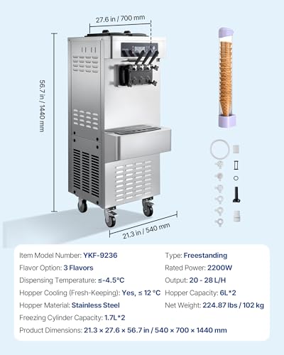 VEVOR Commercial Ice Cream Machine, 20-28L/H Yield 2200W Freestanding Soft Serve Ice Cream Maker with 3-Flavor, 2 x 6L Hoppers, Puffing Pump, Pre-Cooling Low-Mix Alert, Ideal for Snack Dessert Shop