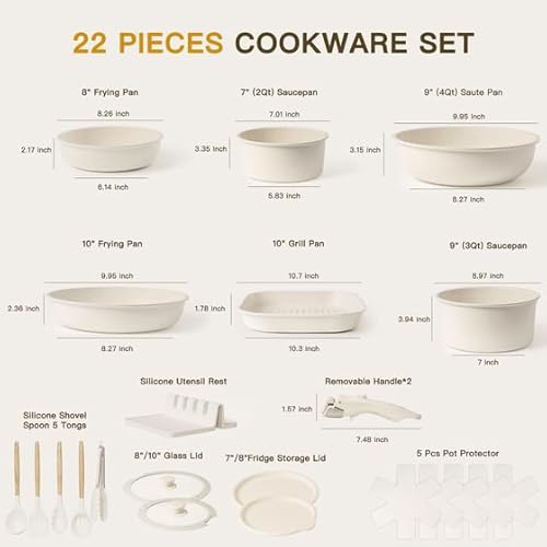 Nonstick 22-Piece Ceramic Cookware Set with Removable Handles, Cream White, Induction Ready, Oven Safe, Stackable