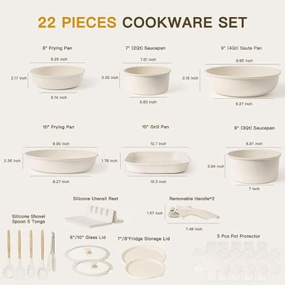 Nonstick 22-Piece Ceramic Cookware Set with Removable Handles, Cream White, Induction Ready, Oven Safe, Stackable