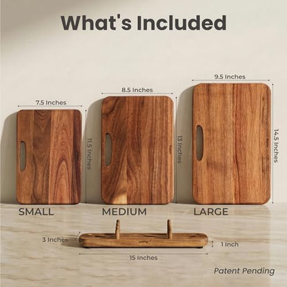 SMIRLY Wooden Cutting Boards for Kitchen, Double-Sided Cutting Board with Handle, Heavy Duty Solid Acacia Wood Cutting Board Set with Stand, 3 Pcs Cutting Boards Non Toxic for Meat Vegetable Fruit