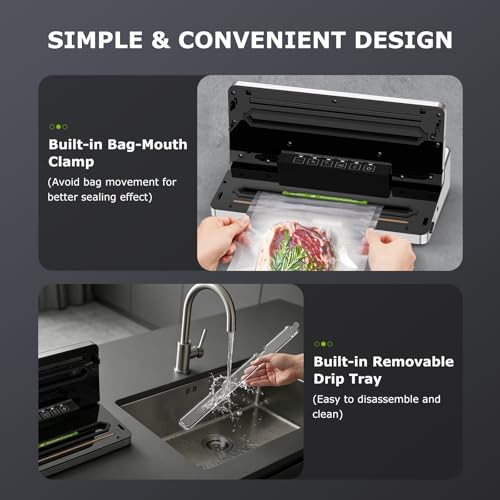 Bonsenkitchen Vacuum Sealer Machine with 1 Roll & 5 Airtight Bags, 5 Vacuum Modes, 80 kPa Powerful Suction, Built-in Cutter & Bag Storage – Silver