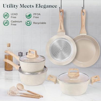 M MELENTA Pots and Pans Set Non Stick, 11pcs Ceramic Cookware Set, Non Toxic Induction Kitchen Cookware Sets, Nonstick Cooking Set with Stay Cool Handle, 100% PFOA Free, Cream