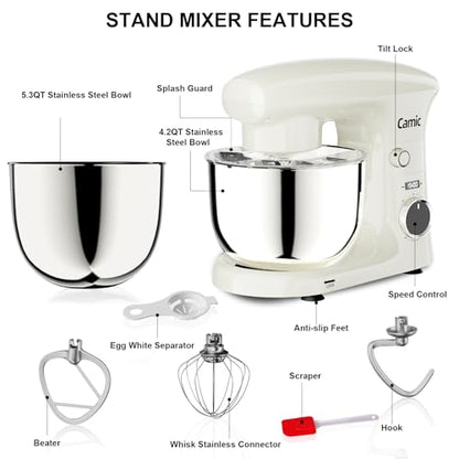 Camic Stand Mixer, 4.2QT+5.3QT Two bowls Electric Food Mixer, 10 Speeds with Digital setting 3-IN-1 Kitchen Mixer for Baking Cakes Cookie Bread Salad with Egg Whisk,Dough Hook,Flat Beater (White)