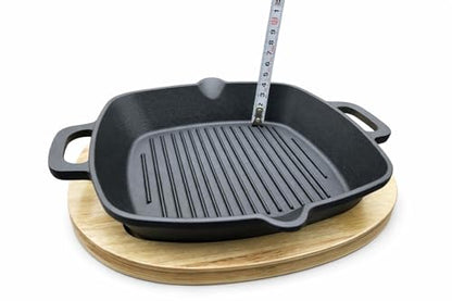 KitchenLife Co 8.5" Personal Sized Pre-Seasoned Cast Iron Grill Pan with Heat-Resistant Oak Wood Base, Square Stovetop Pan with Dual Handles & Pour Spouts, Oven & BBQ Ready, Lasts Decades