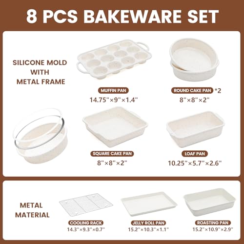Vinino 8-Piece Baking Pans Set Nonstick, Bakeware Set includes Silicone Muffin, Loaf, Cake Pans with Metal Reinforced Frame, and Carbon Steel Roasting Pan, Cookie Sheet, Cooling rack for Oven-Cream