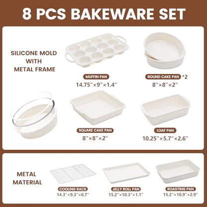 Vinino 8-Piece Baking Pans Set Nonstick, Bakeware Set includes Silicone Muffin, Loaf, Cake Pans with Metal Reinforced Frame, and Carbon Steel Roasting Pan, Cookie Sheet, Cooling rack for Oven-Cream