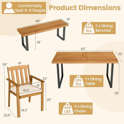 Tangkula 6 Pieces Patio Dining Table Set, 63” Rectangle Acacia Wood Table with Umbrella Hole and 4 Cushioned Armchairs and Backless Bench, Outdoor Dinette Furniture for Garden Yard Kitchen