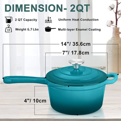 2 Quart Saucepan with Lid, Leonyo Enameled Cast Iron Sauce Pan, Cast Iron Pot and Pan Dutch Oven Induction Cookware for All Cooktops Cooking Soup, Milk, Paste- Up to 500°F & 6.7Lbs, Lake Green