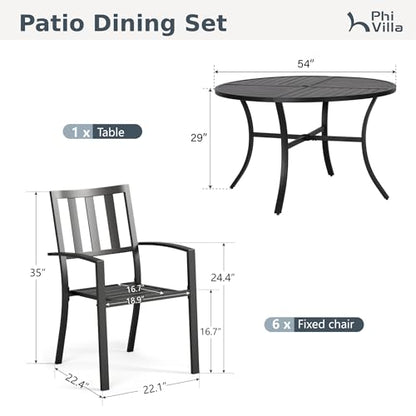 PHI VILLA 7 Pieces Outdoor Round Dining Set for 6, Wrought Iron Dining Table with Umbrella Hole & Stackable Metal Steel Chairs, Large Dining Furniture Set for Patio, Deck, Yard, Porch