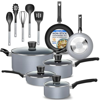 SereneLife Kitchenware Pots & Pans Basic Kitchen Cookware, Black Non-Stick Coating Inside, Heat Resistang Lacquer (11 Piece set), One Size, Gray