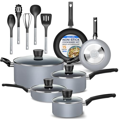 SereneLife Kitchenware Pots & Pans Basic Kitchen Cookware, Black Non-Stick Coating Inside, Heat Resistang Lacquer (11 Piece set), One Size, Gray