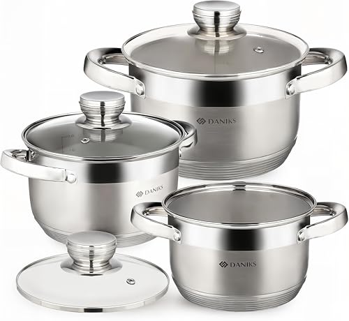 Daniks Standard 6-Piece Stainless Steel Cookware set with Glass Lid, Tri-Ply Bases for Even Heating, Induction Compatible, Dishwasher Safe, Built-In Measuring Scale, Silver