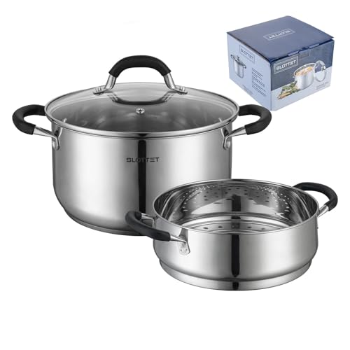 SLOTTET Stainless Steel 8 Quart Stock Pot with Steamer,8 Qt Deep Soup Pot for cooking,Multipurpose Stockpot with silicone Stay-cool Handle.Dishwasher and Oven Safe,Induction Stainless Steel Cookware