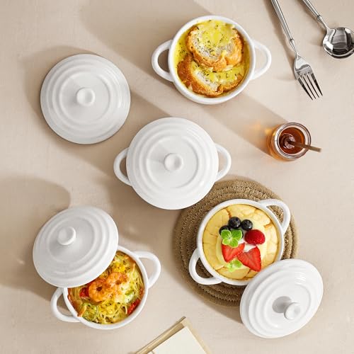 MALACASA Mini Cocotte Set - 12 OZ Small Casserole Dishes for Oven, Ramekins with Lids and Handles, Ceramic Mini Dutch Oven Set of 4, Microwave & Dishwasher Safe, Khaki White, Series TARA