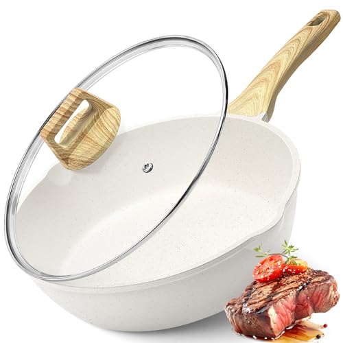 GiPP Nonstick Deep Frying Pan Skillet, 9.5" Saute Pan with Lid, Granite Induction Cookware Non Stick Cooking Pan, PFOA PFOS APEO Free, White