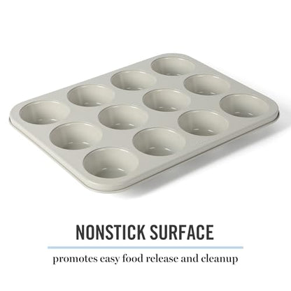 Martha Stewart Gallen 12-Cup Nonstick Carbon Steel Muffin and Cupcake Pan – Cool Grey, Durable Bakeware for Even Baking and Easy Release