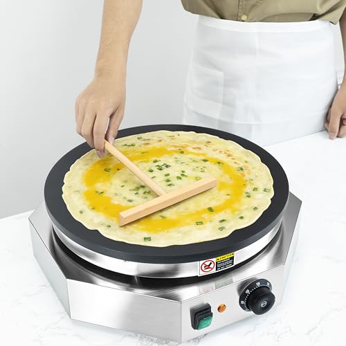 3000W Commercial Crepe Maker, 16" Non-Stick Electric Griddle with 0-300℃ Adjustable Temperature, Stainless Steel Pancake & Jianbing Machine with Wooden Spreader for Home, Snack Bar & Food Stall