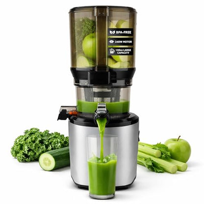 Kuvings AUTO10 Cold Press Juicer Machine – Self-Feeding for Hands-Free Use – Easy to Clean, Quiet 240W Motor, 100 oz Large Masticating Juicer – Designed for Silky Juice with Low Pulp – Silver