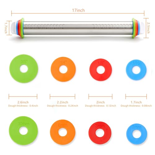 Rolling Pin with Thickness Rings, Fulimax 17" Adjustable Stainless Steel Rolling Pins for Baking, Dough Roller for Fondant Pizza, Pie, Pasta, Cookies, Cakes, Kitchen Baking Supplies