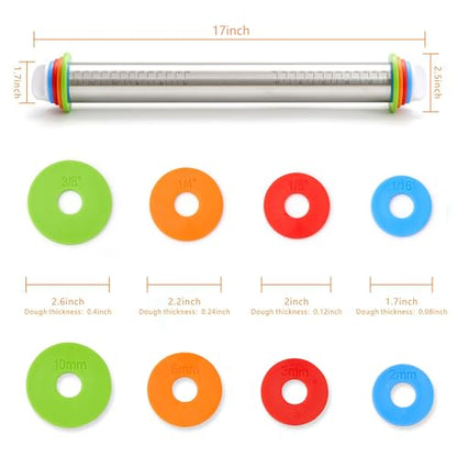 Rolling Pin with Thickness Rings, Fulimax 17" Adjustable Stainless Steel Rolling Pins for Baking, Dough Roller for Fondant Pizza, Pie, Pasta, Cookies, Cakes, Kitchen Baking Supplies