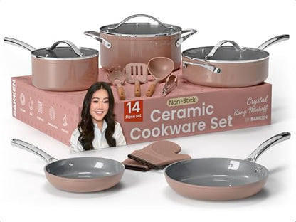 Crystal Kung Minkoff Ceramic Cookware Set – 14-Piece Pots and Pans Set with Lids, Silicone Utensils & Oven Mitts, Nonstick and Non-Toxic, PTFE/PFAS Free, Dishwasher & Stovetop Safe Up to 500°F