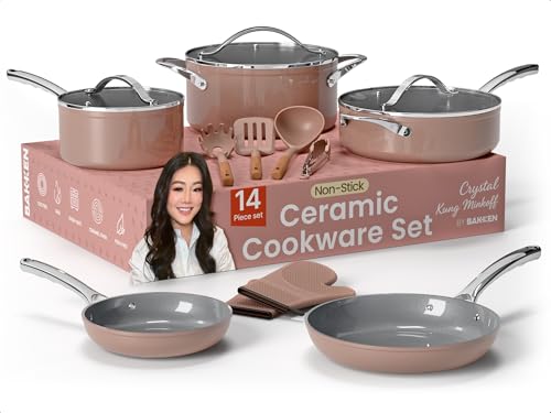 Crystal Kung Minkoff Ceramic Cookware Set – 14-Piece Pots and Pans Set with Lids, Silicone Utensils & Oven Mitts, Nonstick and Non-Toxic, PTFE/PFAS Free, Dishwasher & Stovetop Safe Up to 500°F
