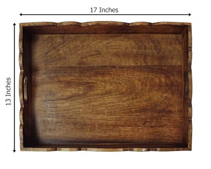 Hand Carved Wooden Serving Tray - Decorative Breakfast Tray with Handles - Rustic Wooden Food Tray with Intricate Detail - Unique Furnishing Accent - Natural Finish - 17 x 13 x 2.5 Inch - COTTON CRAFT