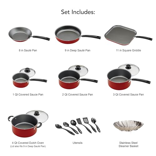 Premium 18 Piece Red Nonstick Cookware Set, Aluminum Pots and Pans Set Ideal for Housewarming Gift & Family Kitchen