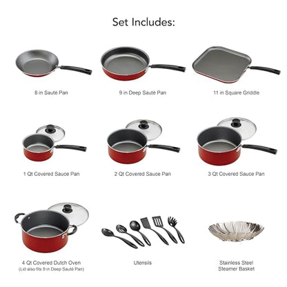 Premium 18 Piece Red Nonstick Cookware Set, Aluminum Pots and Pans Set Ideal for Housewarming Gift & Family Kitchen