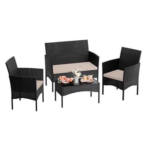RTDTD 4 Pieces Patio Furniture Set Outdoor Conversation Set Rattan Furniture Set Wicker Chairs and Sofa with Glass Table for Porch Pool Backyard Garden Sand