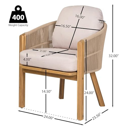 Christopher Knight Home Grotta 9 Piece Outdoor Dining Set, Acacia Wood Patio Dining Table Set with 8 Rope Weave Chairs Beige Cushions Rectangular Outdoor Furniture Set for Garden Patio Backyard