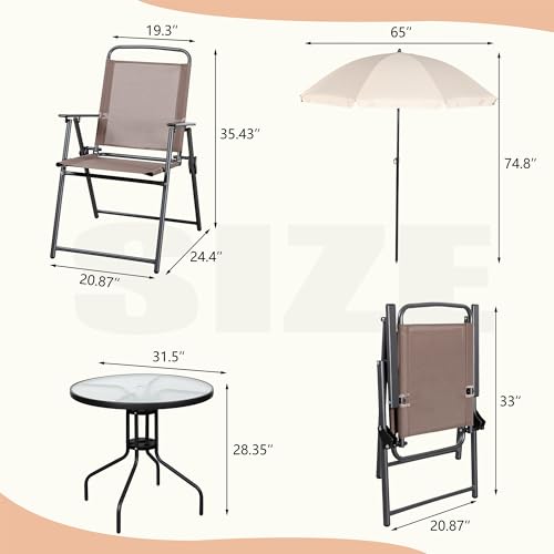 Vongrasig 6 Pieces Folding Patio Dining Set, All Weather Small Metal Outdoor Table and Chairs Set, Patio Furniture Set w/Umbrella, Glass Table & 4 Folding Chairs for Garden, Lawn, Backyard, Brown